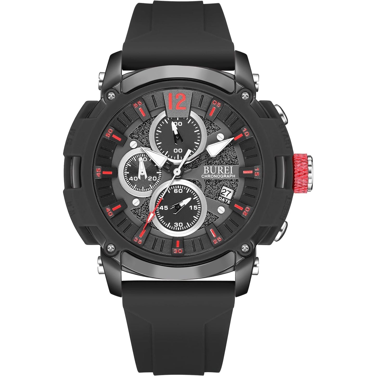 BUREI Sport Mens Watches Analog Quartz Chronograph Watch for Men Waterproof Date Dial Casual Wrist Watches with Silicone Strap Gifts for Men