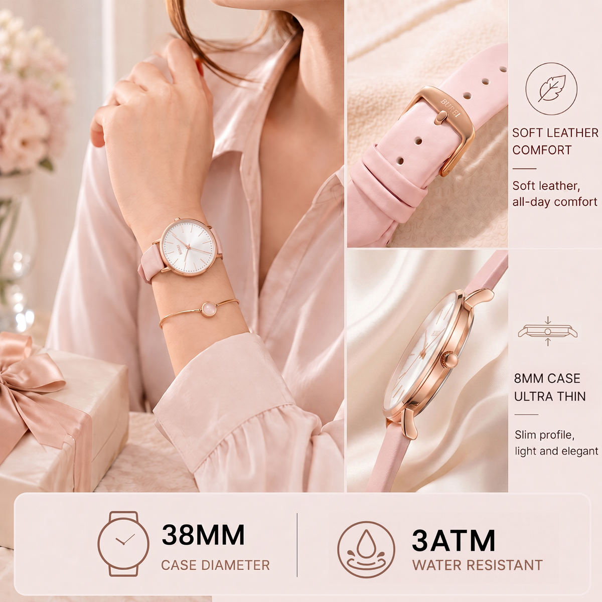 BUREL Women's Minimalist Large Face Leather Watch