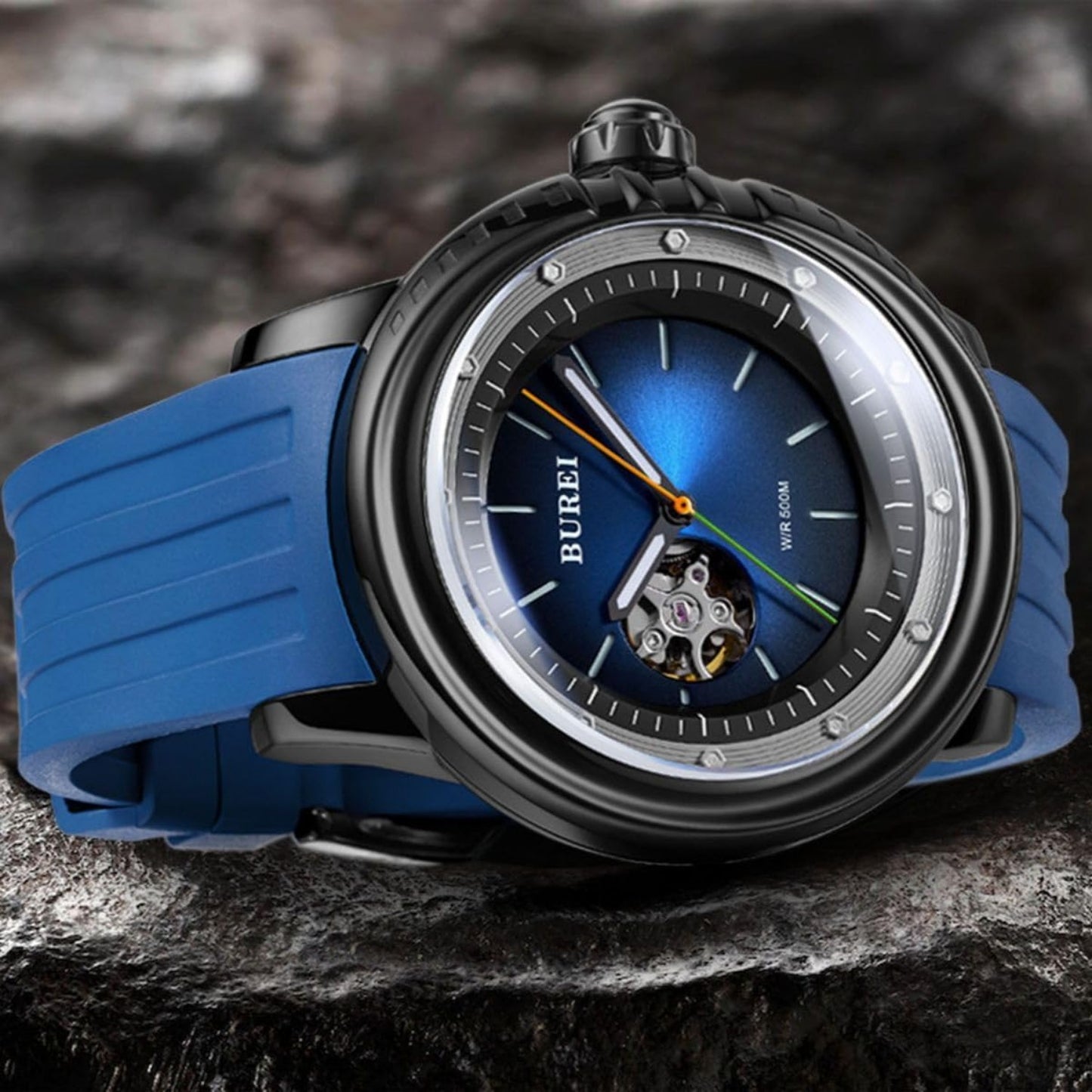 BUREI Automatic Dive Watch Sapphire Glass Wrist Watch Men's 500m Waterproof Watch with Rubber Strap，Luminous Hands and Markers