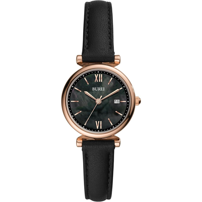 BUREI Women's Black Leather Strap Watch Fashion Simple Analog Quartz Waterproof Watches for Women Three Hands,Gift for her
