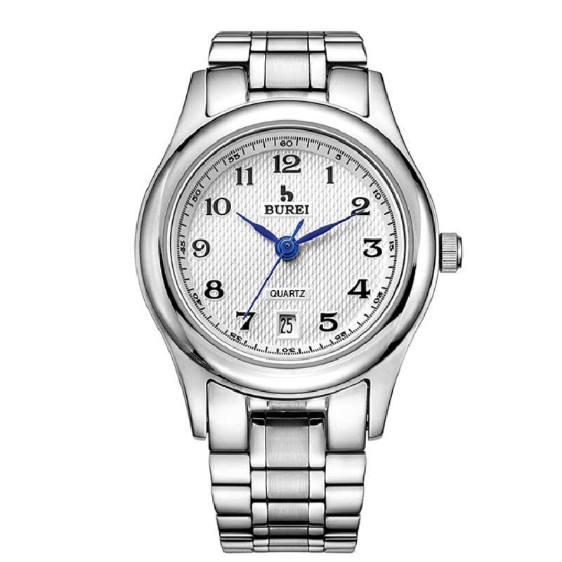 BUREI Men's and women's Quartz Watch with silver (black) dial stainless steel strap