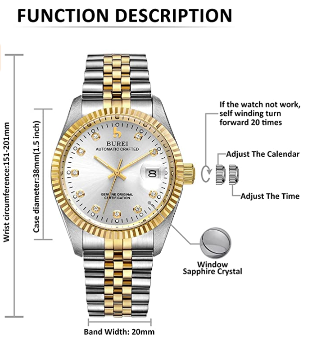 BUREI Men's Automatic Watches Mechanical Wrist Watch Date Display with Sapphire Crystal Rhinestone Markers Stainless Steel