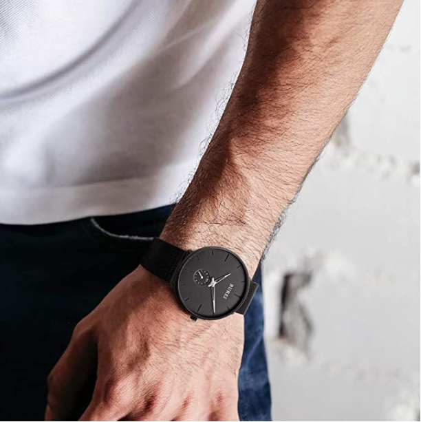 BUREI Men's Fashion Minimalist Wrist Quartz Watches with Stainless Steel Black Dial and Mesh Band