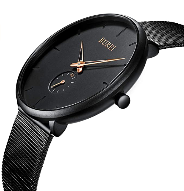 BUREI Men's Fashion Minimalist Wrist Quartz Watches with Stainless Steel Black Dial and Mesh Band