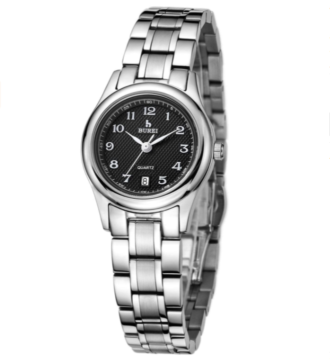 BUREI Men's and women's Quartz Watch with silver (black) dial stainless steel strap