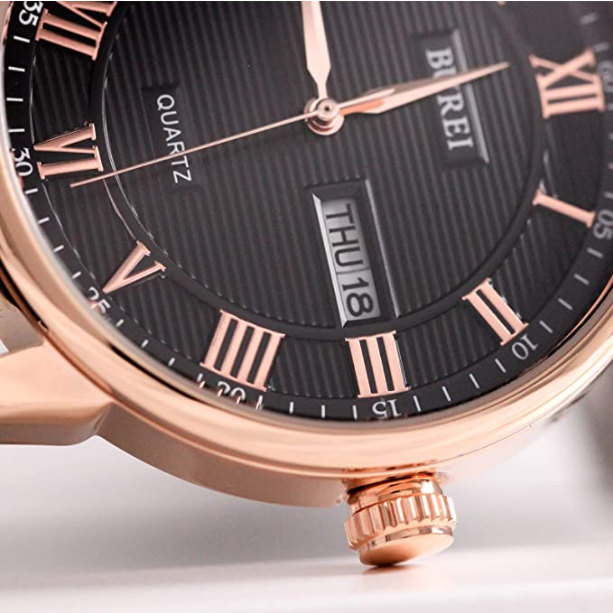 BUREI Men's Classic Quartz Wristwatch with Protective Mineral Glass Day Date Calendar Big Roman Numerals Texture Design