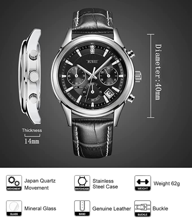 BUREI Men's Chronograph Watches Leather Strap Business Luxury Sport Multifunction Watch for Men