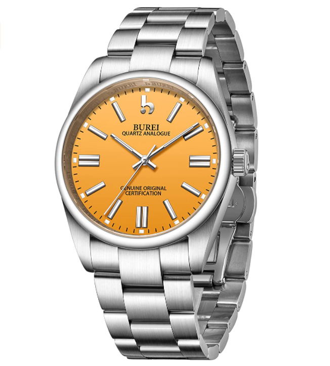 BUREI Men's Stainless Steel Fashion Watch Japan Movement Quartz Wristwatches for Men 41mm Luxury Round Watch