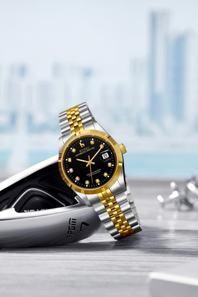 BUREI Men's Luxury Automatic Watch Two Tones Stainless Steel Dress Wrist Watches Self-Winding