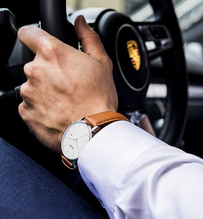 BUREI Men's Fashion Minimalist Wrist Watch Analog White Date with Brown Leather Band