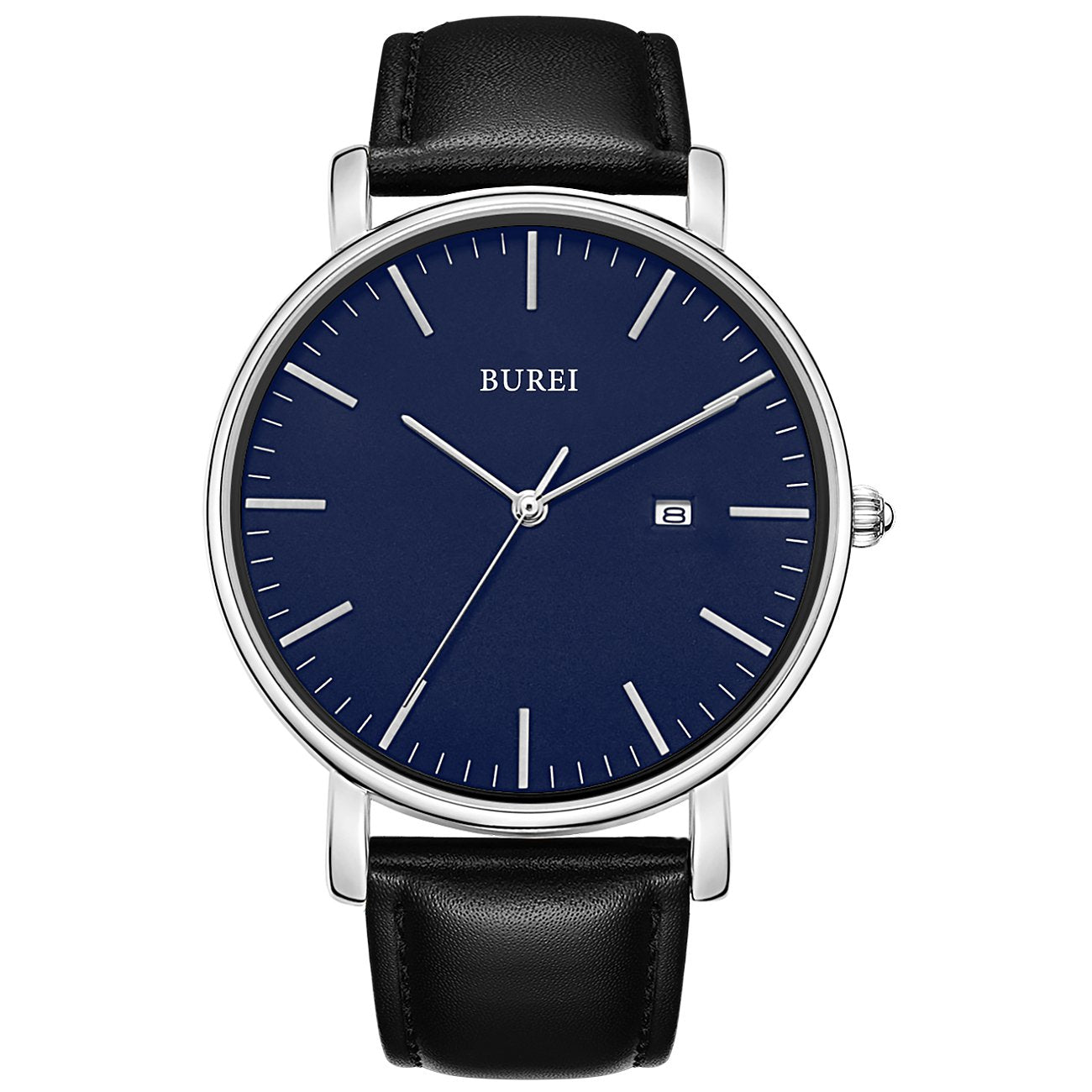 BUREI Men's Fashion Minimalist Wrist Watch Analog White Date with Brown Leather Band