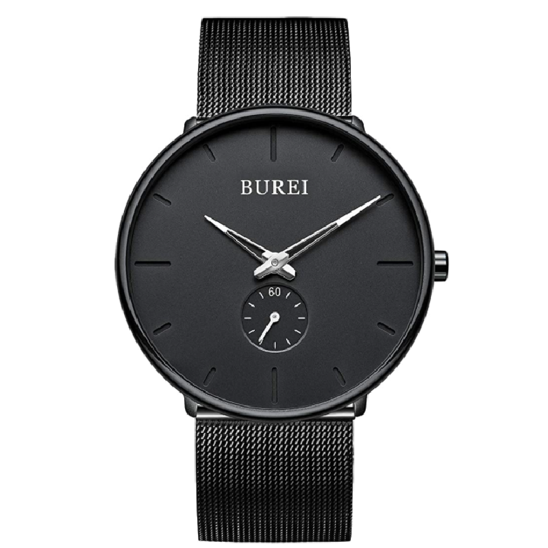 BUREI Men's Fashion Minimalist Wrist Quartz Watches with Stainless Steel Black Dial and Mesh Band