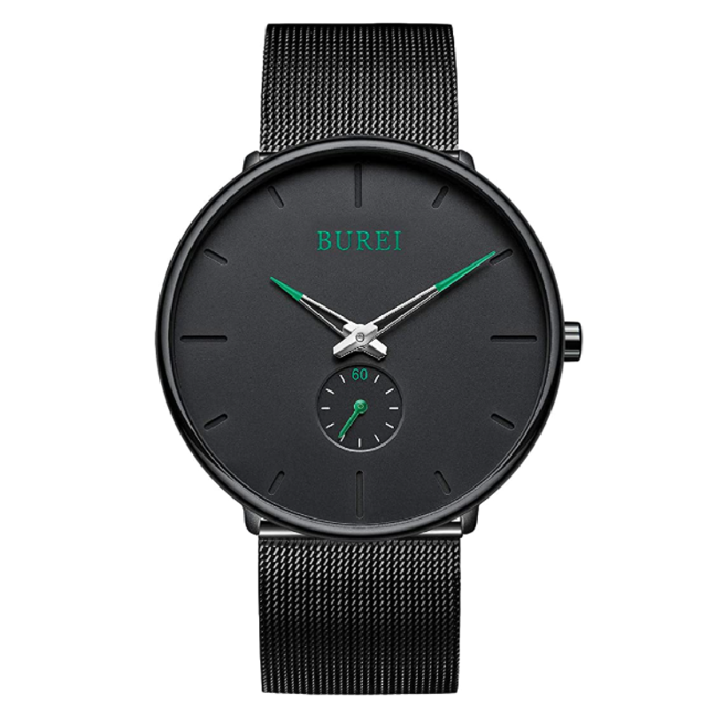 BUREI Men's Fashion Minimalist Wrist Quartz Watches with Stainless Steel Black Dial and Mesh Band