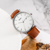 BUREI Men's Fashion Minimalist Wrist Watch Analog White Date with Brown Leather Band