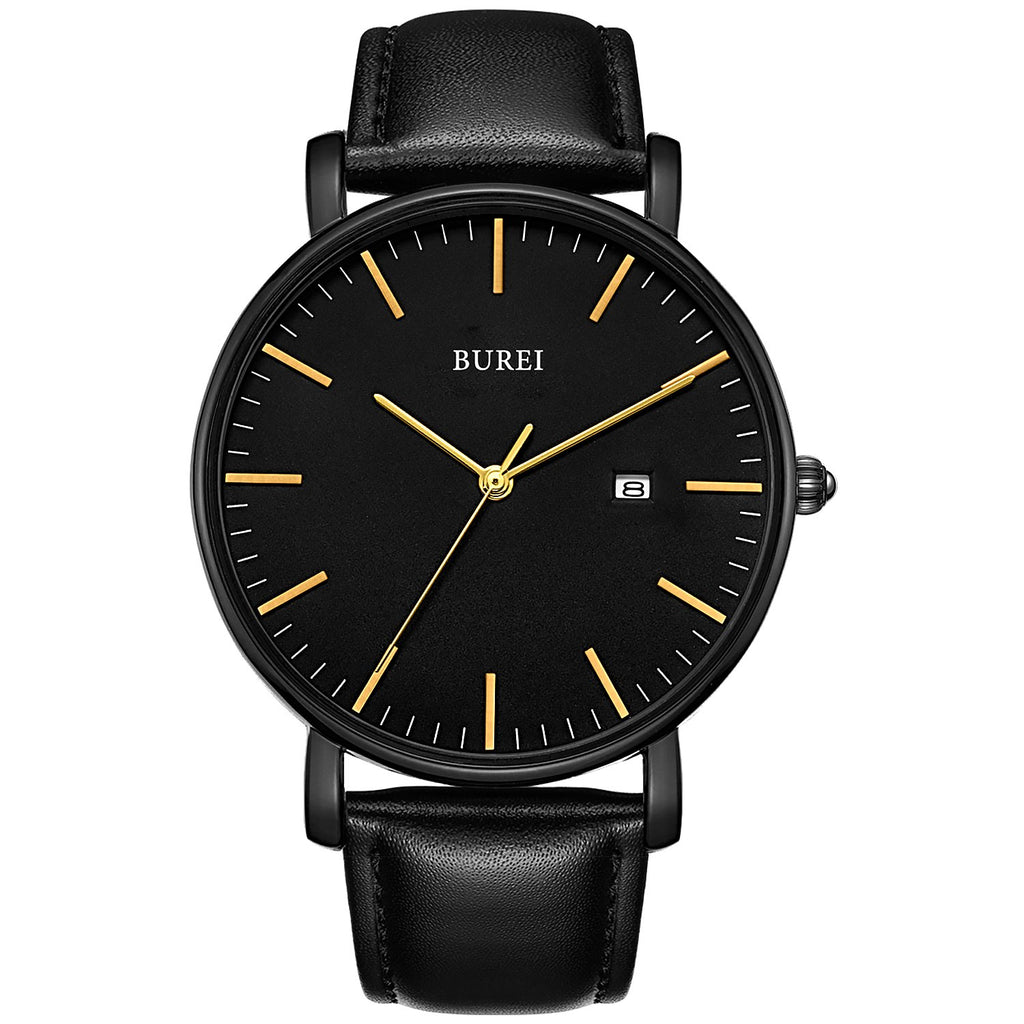 BUREI Men's Fashion Minimalist Wrist Watch Analog White Date with Brown Leather Band