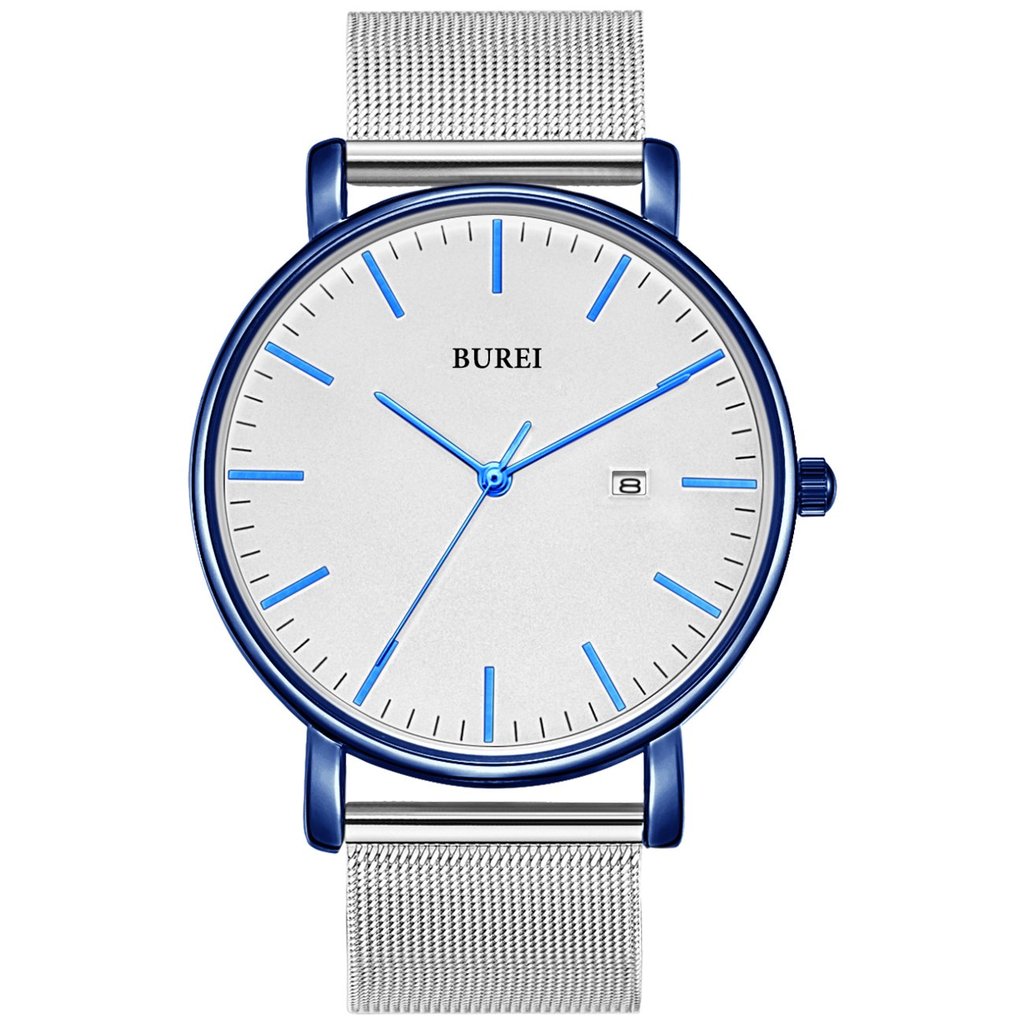 BUREI Men's Fashion Minimalist Wrist Watch Analog Blue Date With Silver Stainless Steel Mesh Band