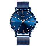 Men's Fashion Minimalist Wrist Watch Analog Blue Date with Silver Stainless Steel Mesh Band