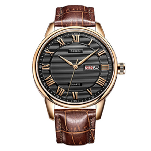 BUREI Men's Classic Quartz Wristwatch with Protective Mineral Glass Day Date Calendar Big Roman Numerals Texture Design